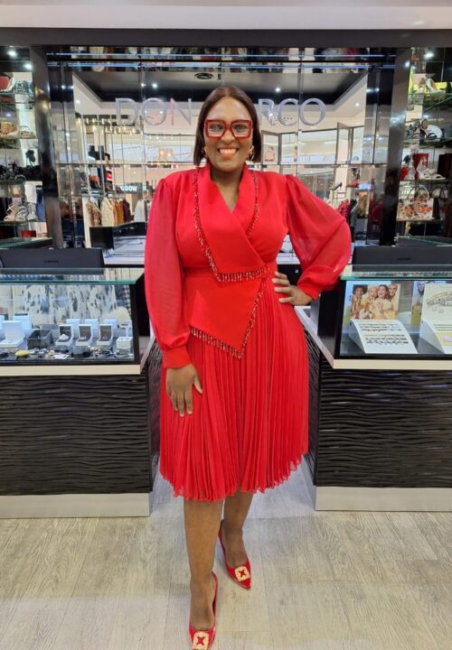Imported Red Dress with Beading and Pleats